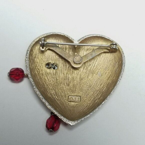 Vintage JJ Heart Shape Crying Eye Brooch, Gold Tone, Red Beads, Signed Estate - Picture 3 of 7